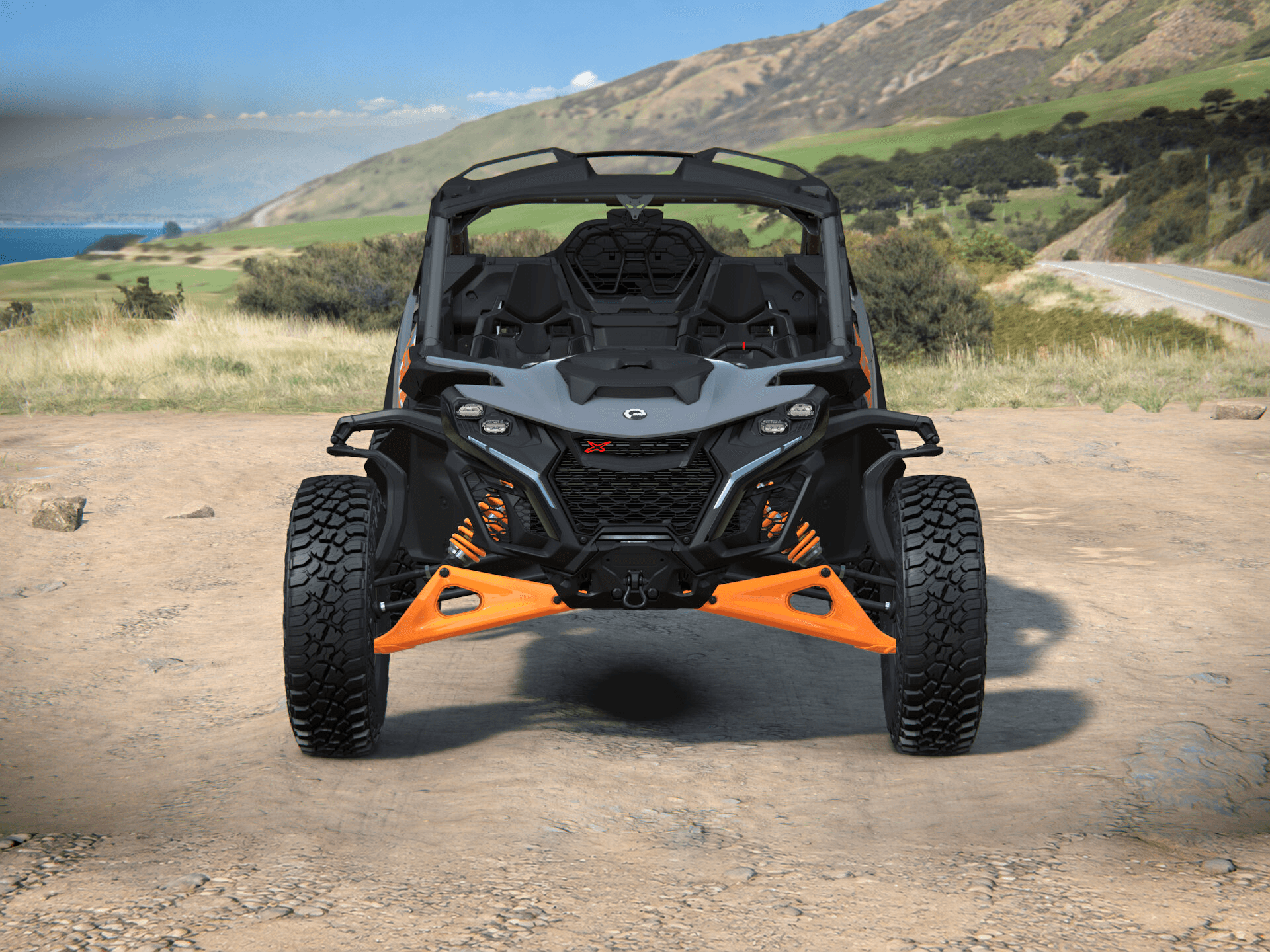 Can-Am Maverick R X rs 2027, Dolomite Grey & Orange Crush, 0007AVF00 — Спереди