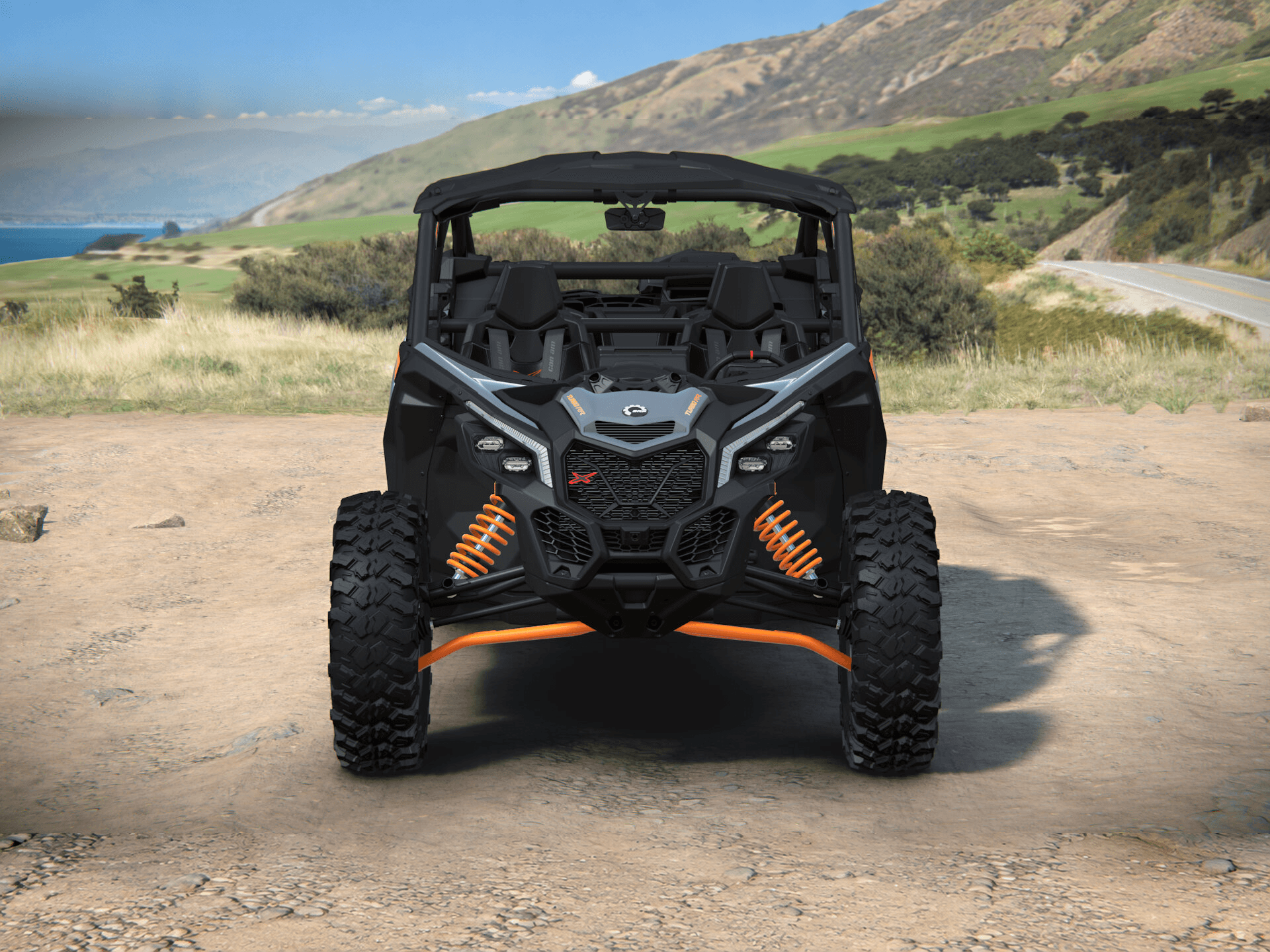 Can-Am Maverick X3 MAX X ds 2027, Dolomite Grey & Orange Crush, 0007VVF00 — Спереди