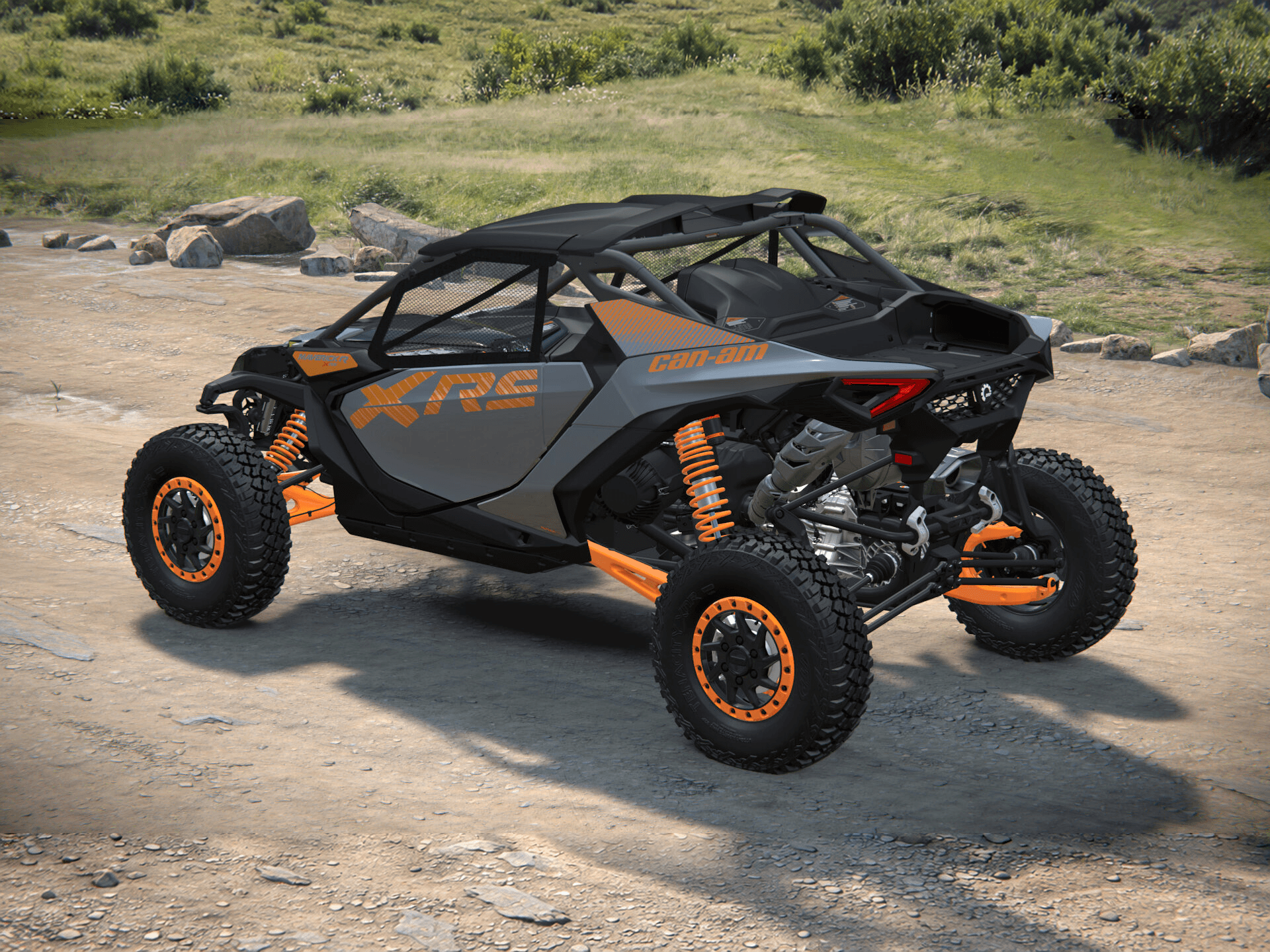 Can-Am Maverick R X rs 2027, Dolomite Grey & Orange Crush, 0007AVF00 — Слева сзади