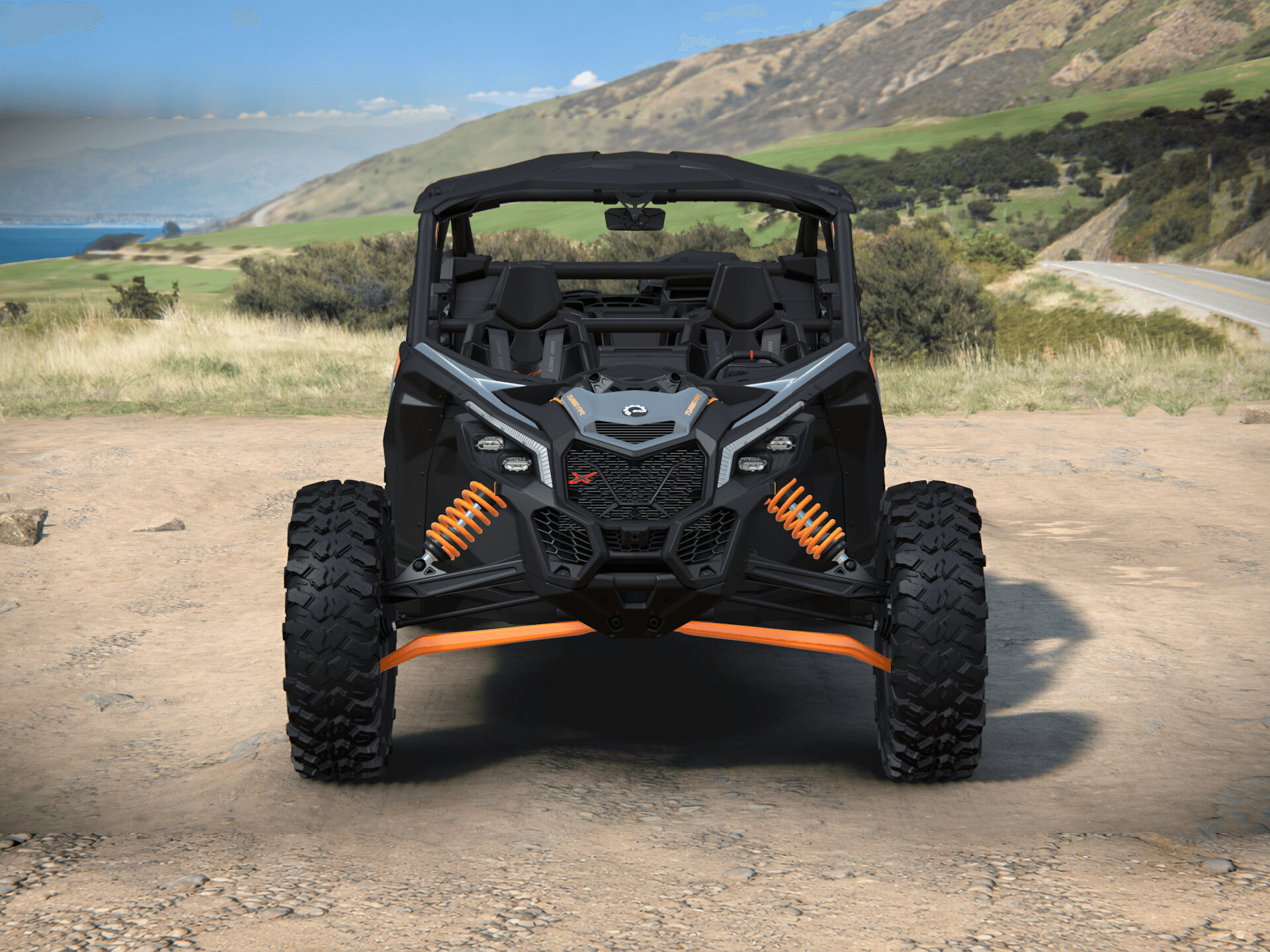 Can-Am Maverick X3 MAX X rs 2027, Dolomite Grey & Orange Crush, 0009NVD00 — Спереди