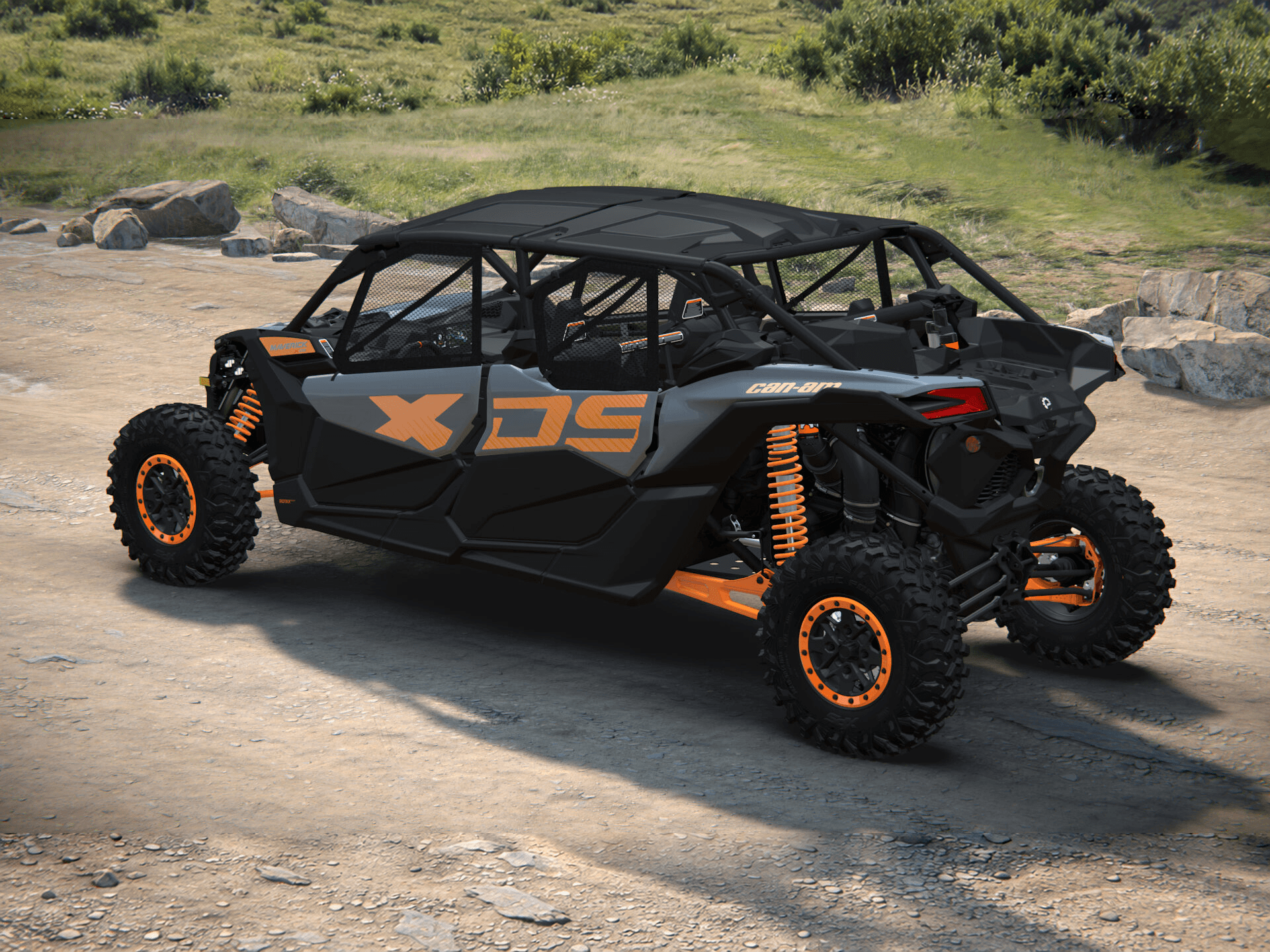 Can-Am Maverick X3 MAX X ds 2027, Dolomite Grey & Orange Crush, 0007VVF00 — Слева сзади