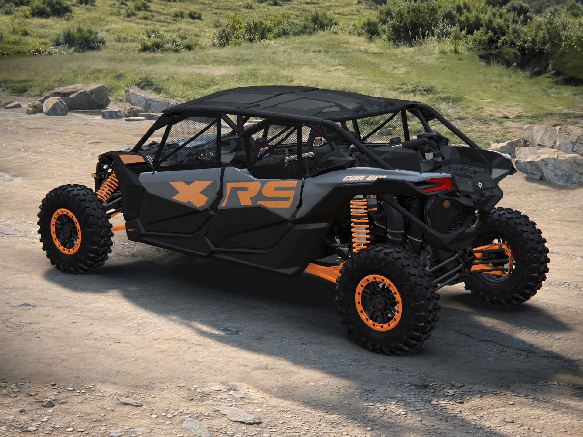 Can-Am Maverick X3 MAX X rs 2027, Dolomite Grey & Orange Crush, 0009NVD00 — Слева сзади