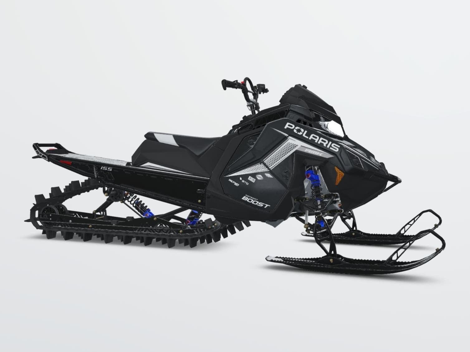 Polaris RMK Factory Edition 2027, Patriot Boost, Series 9: 155" × 15" × 3.25", Gloss Black — Справа спереди