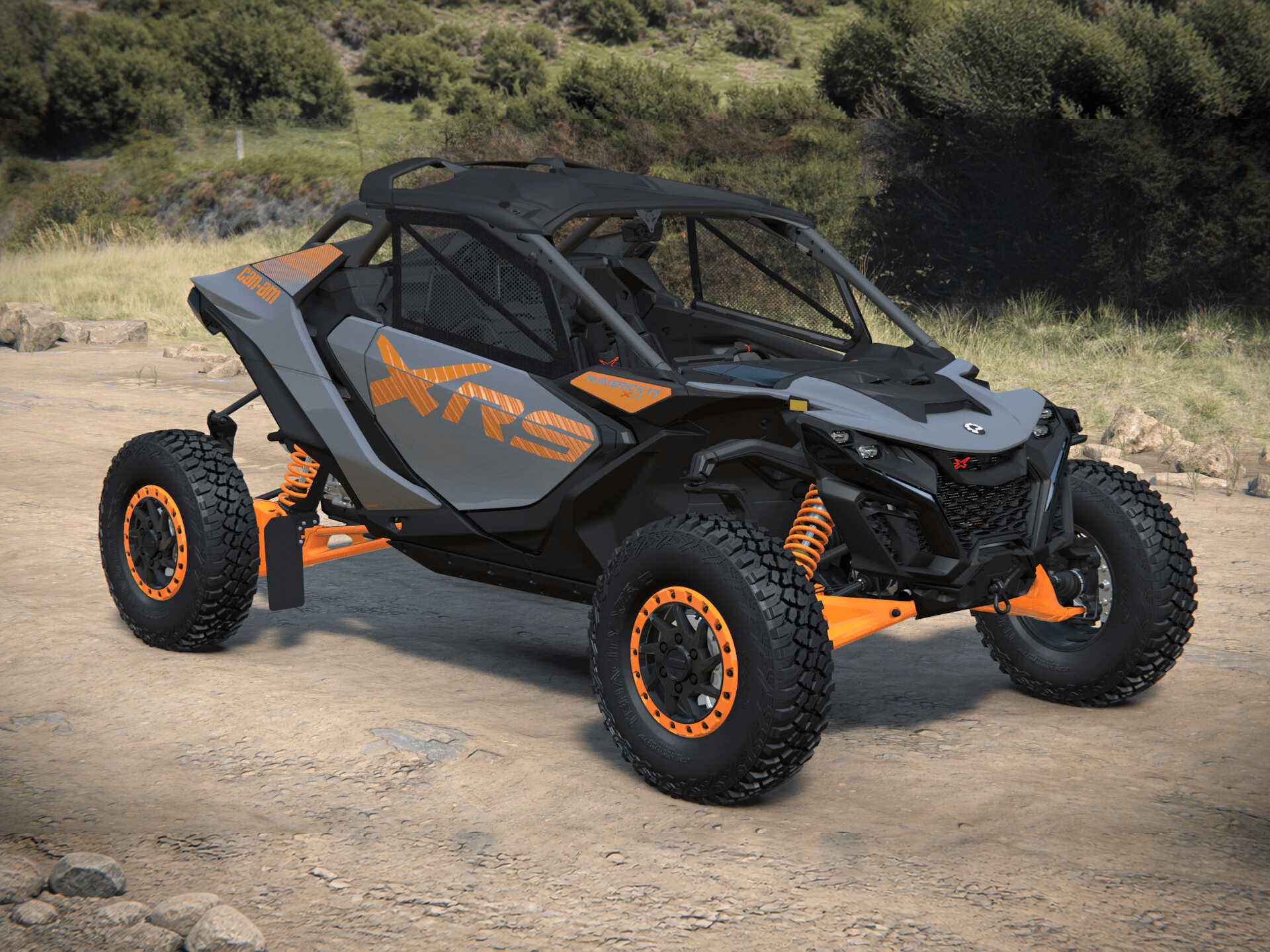 Can-Am Maverick R X rs 2027, Dolomite Grey & Orange Crush, 0007AVF00 — Справа спереди