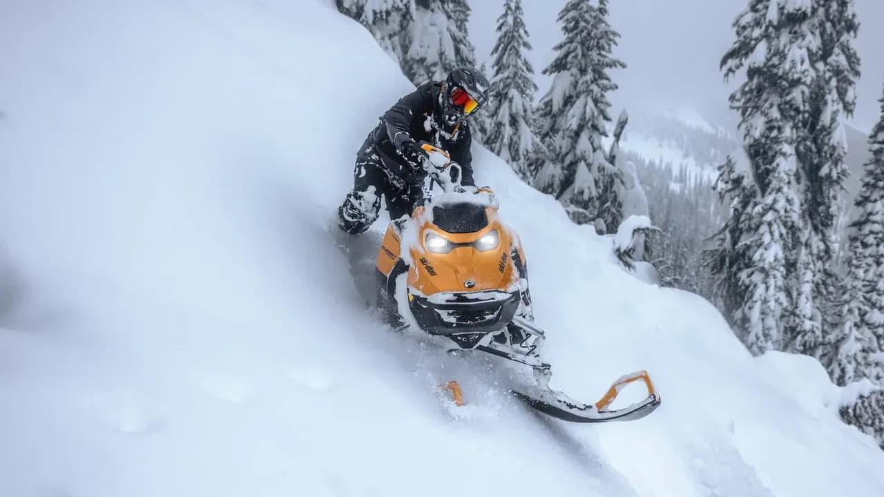 Райдер на снегоходе Ski-Doo среди заснеженных хвойных деревьев