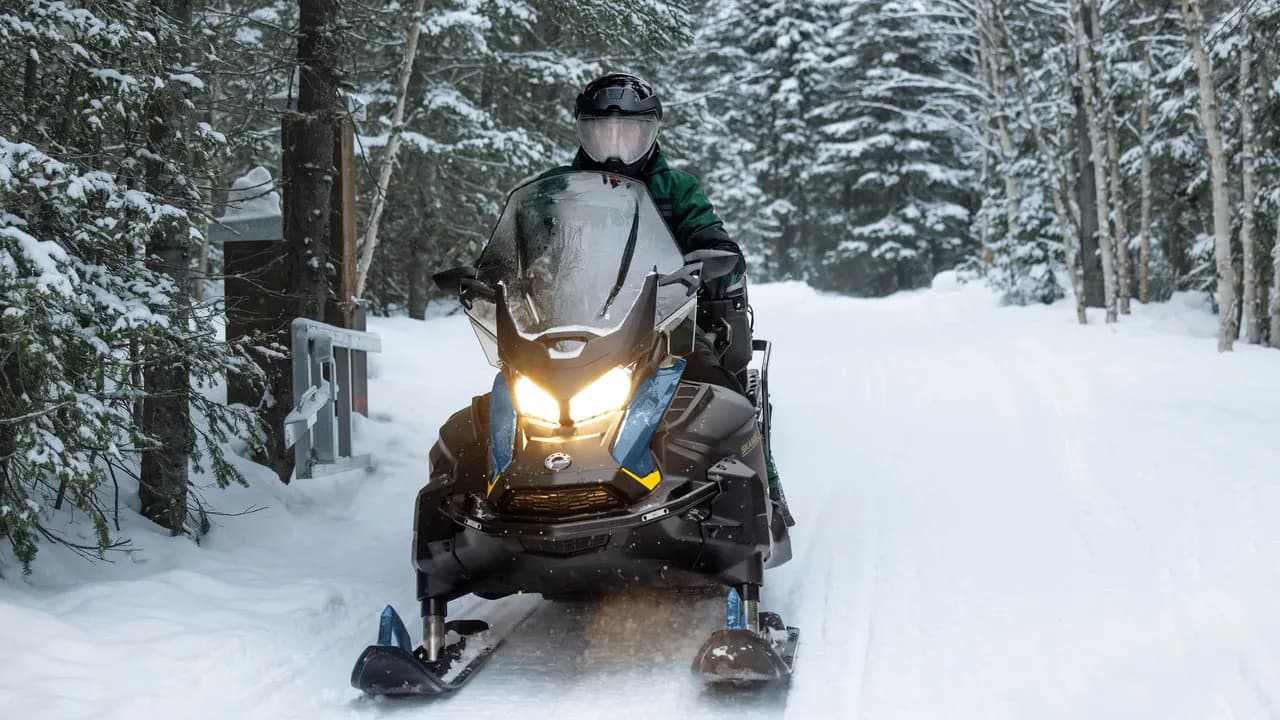 Водитель на Ski-Doo Skandic SE на заснеженной лесной дороге